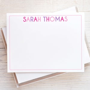 Personalized Girl Stationery, Pink Purple Flat Notecard Set