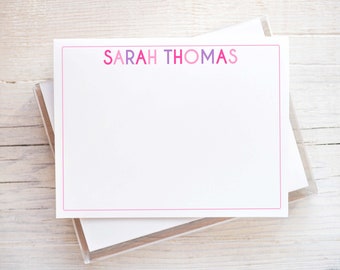 Personalized Girl Stationery, Pink Purple Flat Notecard Set