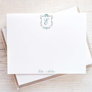Personalized Blue Hydrangea Crest Stationery, Flat Notecard Set, Family, Women Stationery