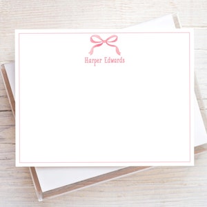 Personalized Watercolor Pink Bow Flat Notecard Set, Girl Stationery Set, Kid Stationery