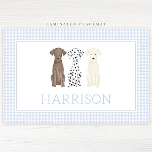 Personalized Watercolor Dog Placemat, Laminated Gingham Boy Placemat