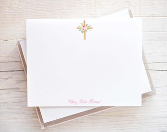 Personalized Watercolor Floral Cross Stationery, Flat Notecard Set, Colorful Girl Stationery