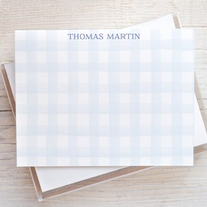 Personalized Watercolor Gingham Stationery, Boy Blue Flat Notecard Set, Boy Stationery