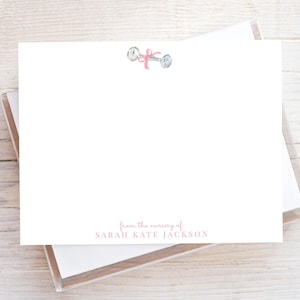 Personalized Watercolor Baby Rattle Stationery, Pink Bow Girl Flat Notecard Set, Girl Stationery