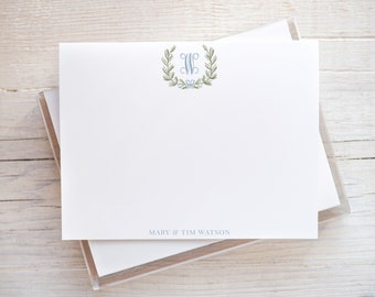 Personalized Blue Laurel Wreath Stationery, Flat Notecard Set, Family, Women Stationery