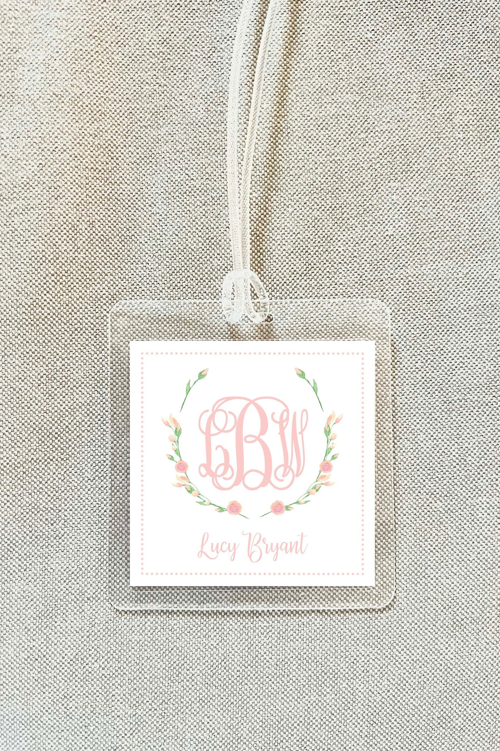 Personalized Floral Monogram Crest Bag Tag, Laminated Square Girl Luggage Tag, Diaper Bag Tag