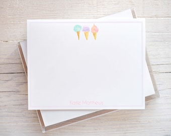 Personalized Watercolor Ice Cream Stationery, Colorful Flat Notecard Set, Boy Girl Stationery