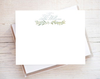 Personalized Watercolor Greenery Stationery, Family Flat Notecard Set, Married Stationery