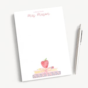 Personalized 5x7 Teacher Notepad | Stack of Books Apple with Bow Design | Back to School Gifts