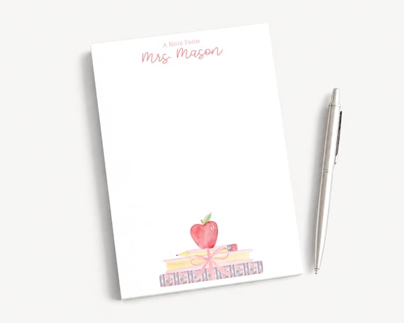 Personalized 5x7 Teacher Notepad | Stack of Books Apple with Bow Design | Back to School Gifts