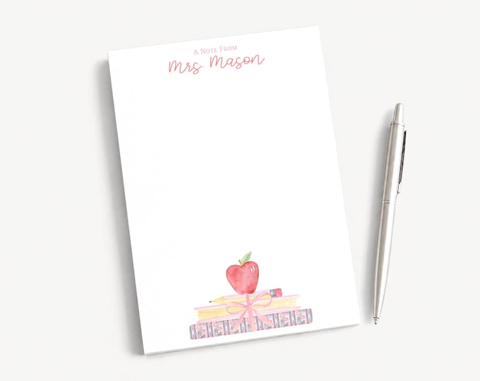Personalized 5x7 Teacher Notepad | Stack of Books Apple with Bow Design | Back to School Gifts