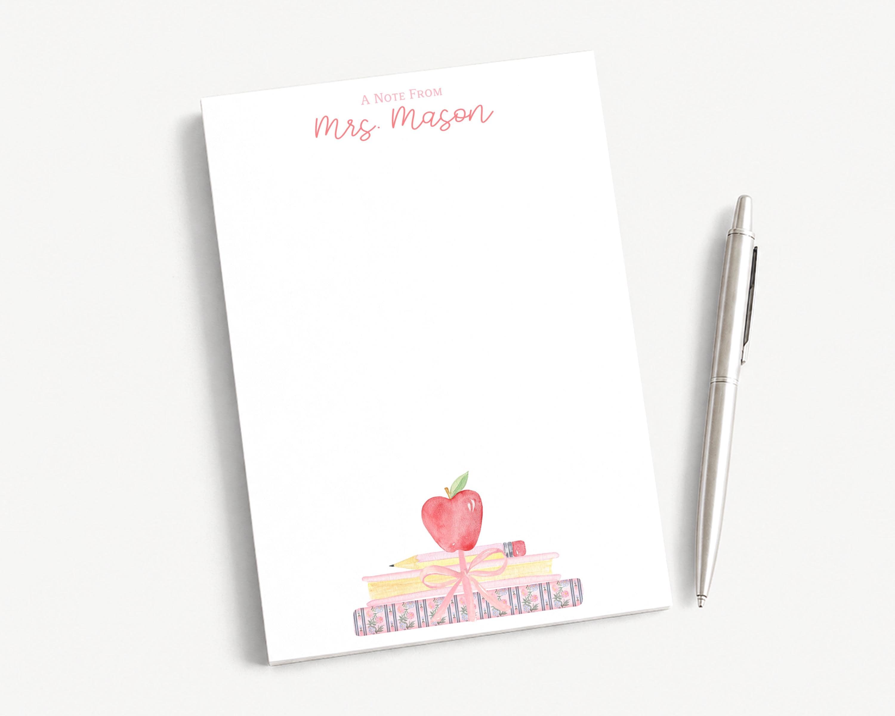 Personalized 5x7 Teacher Notepad | Stack of Books Apple With Bow Design ...