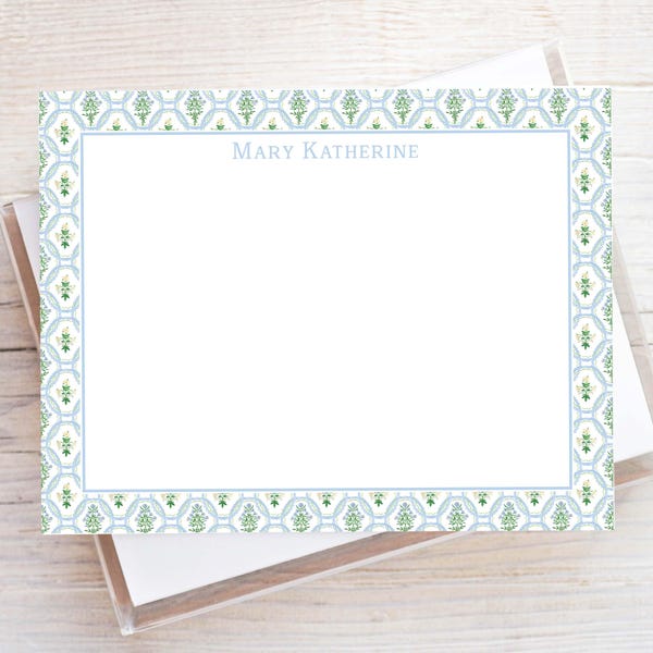 Personalized Watercolor Floral Greenery Stationery, Women Flat Notecard Set, Floral Girl Stationery