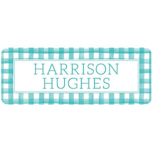 Personalized Vinyl Teal Gingham Name Labels | *NOT Dishwasher Safe*