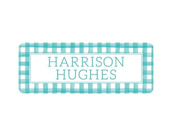 Personalized Vinyl Teal Gingham Name Labels | *NOT Dishwasher Safe*