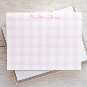 Personalized Pink Watercolor Gingham Stationery, Women Flat Notecard Set, Colorful Girl Stationery