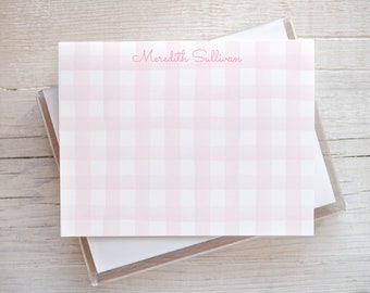 Personalized Pink Watercolor Gingham Stationery, Women Flat Notecard Set, Colorful Girl Stationery