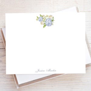 Personalized Watercolor Hydrangea Stationery, Girl Flat Notecard Set, Floral Women Stationery
