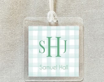 Personalized Watercolor Green Gingham Boy Bag Tag, Laminated Monogram Luggage Tag, Diaper Bag