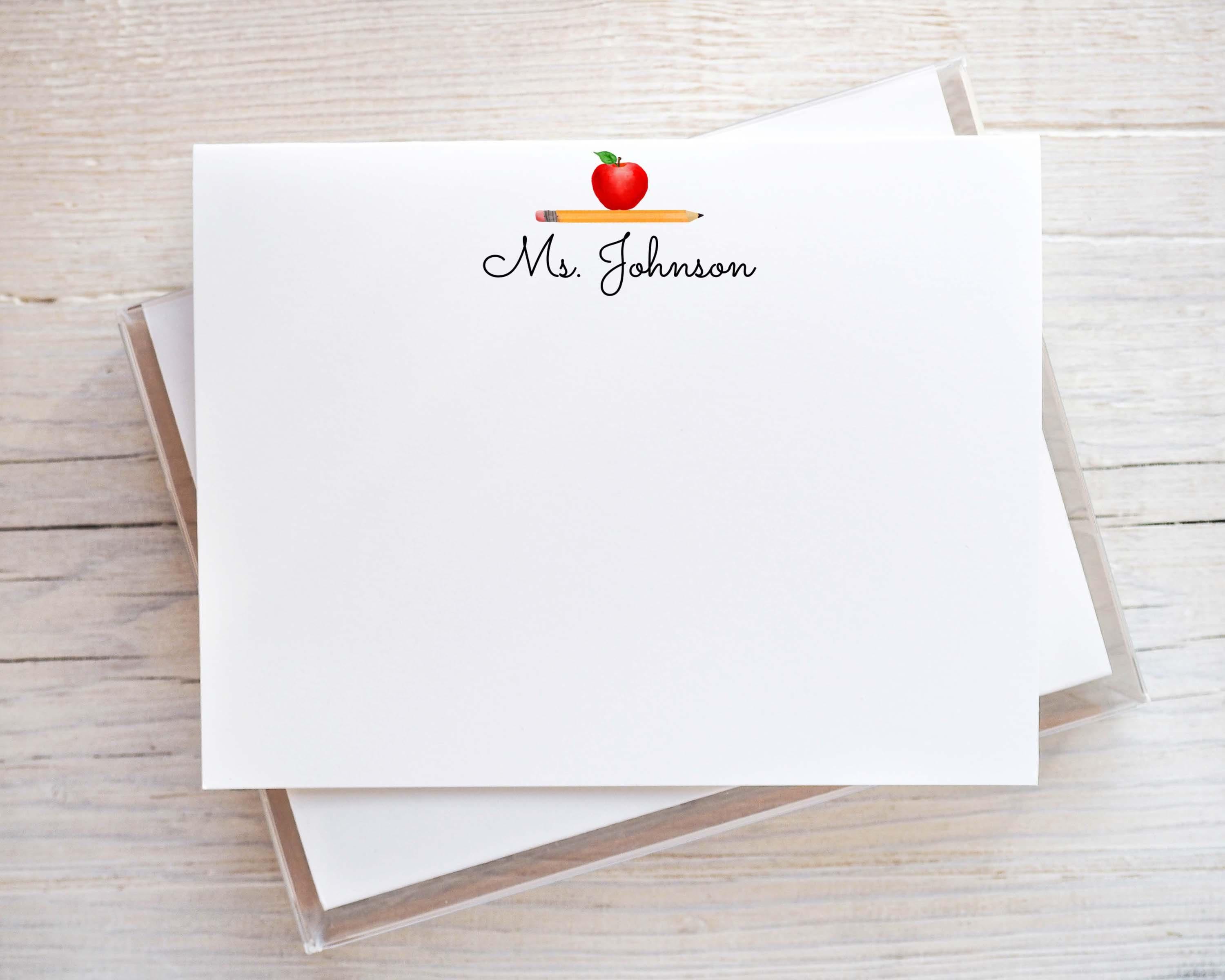 Personalized Teacher Flat Note Card, Woman Apple Pencil Notecard Set ...