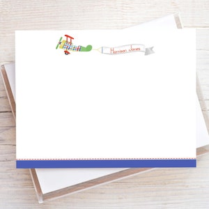 Personalized Watercolor Airplane Stationery, Boy Flat Notecard Set, Plane Stationery