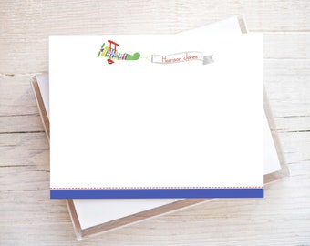 Personalized Watercolor Airplane Stationery, Boy Flat Notecard Set, Plane Stationery