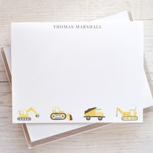 Personalized Watercolor Construction Stationery, Boy Dump Truck Flat Notecard Set, Bulldozer Stationery A2