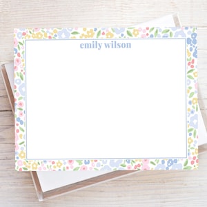 Personalized Watercolor Floral Stationery, Women Flat Notecard Set, Floral Girl Stationery