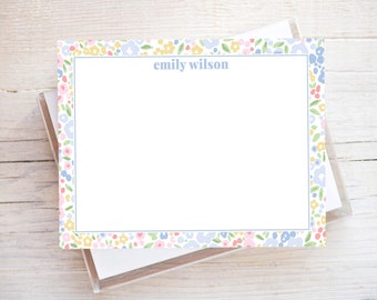 Personalized Watercolor Floral Stationery, Women Flat Notecard Set, Floral Girl Stationery