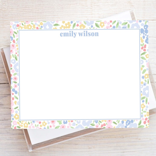 Personalized Watercolor Floral Stationery, Women Flat Notecard Set, Floral Girl Stationery