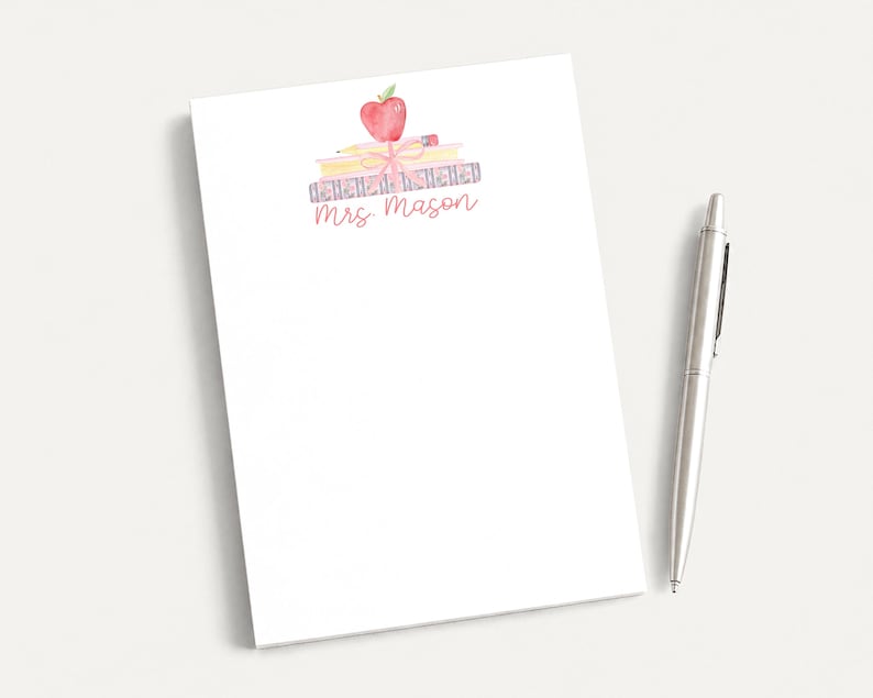 Personalized 5x7 Teacher Notepads, School Pink Bow Books With Apple ...
