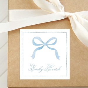 Personalized Watercolor Blue Bow Calling Card, Bow Girl Enclosure Card, Baby Gift Tag