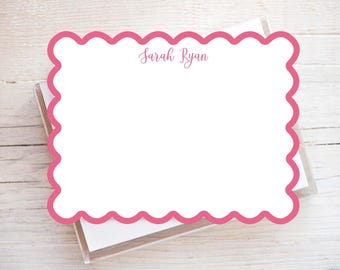 Personalized Scalloped Stationery, Flat Notecard Set, Women Stationery