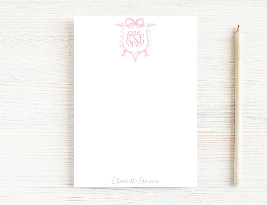 Personalized Bow Crest Monogram Notepad, Pink Girl Initials Notepad - Etsy