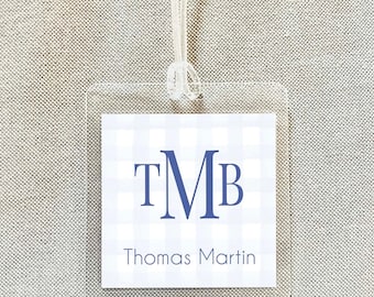 Personalized Watercolor Gingham Boy Bag Tag, Laminated Monogram Luggage Tag, Diaper Bag