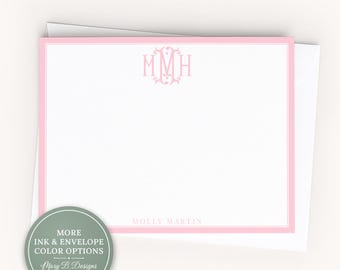 Personalized A2 Size Custom Monogram Stationery, Colorful Girl Initials Flat Notecard Set