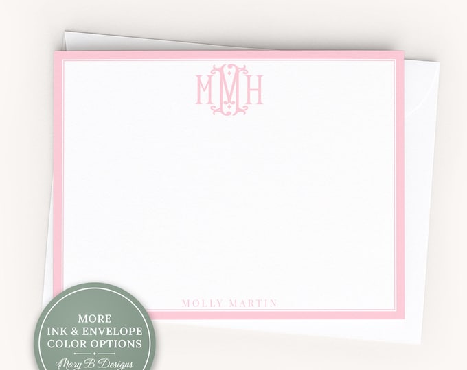 Personalized A2 Size Custom Monogram Stationery, Colorful Girl Initials Flat Notecard Set
