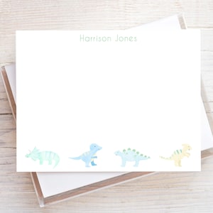 Personalized Watercolor Dinosaur Stationery, Boy Flat Notecard Set, Dino Stationery