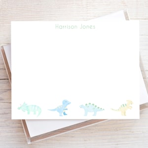 Personalized Watercolor Dinosaur Stationery, Boy Flat Notecard Set, Dino Stationery