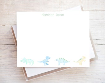 Personalized Watercolor Dinosaur Stationery, Boy Flat Notecard Set, Dino Stationery