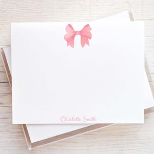 Personalized Watercolor Pink Bow Flat Notecard Set, Girl Stationery Set