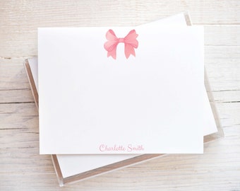 Personalized Watercolor Pink Bow Flat Notecard Set, Girl Stationery Set