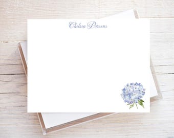 Personalized Watercolor Bottom Right Hydrangea Stationery, Girl Flat Notecard Set, Floral Women Stationery