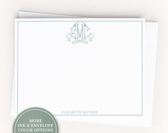 Personalized A2 Size Fancy Script Monogram Stationery, Curls Initials Women Girl Flat Notecard Set