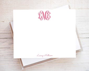 Personalized A2 Size Colorful Curls Script Monogram Stationery, Women Girl Initials Flat Notecard Set