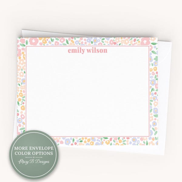 Personalized A2 Size Watercolor Pink Floral Stationery, Flower Girl Women Flat Notecard Set