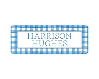 Personalized Vinyl Blue Gingham Name Labels | *NOT Dishwasher Safe*