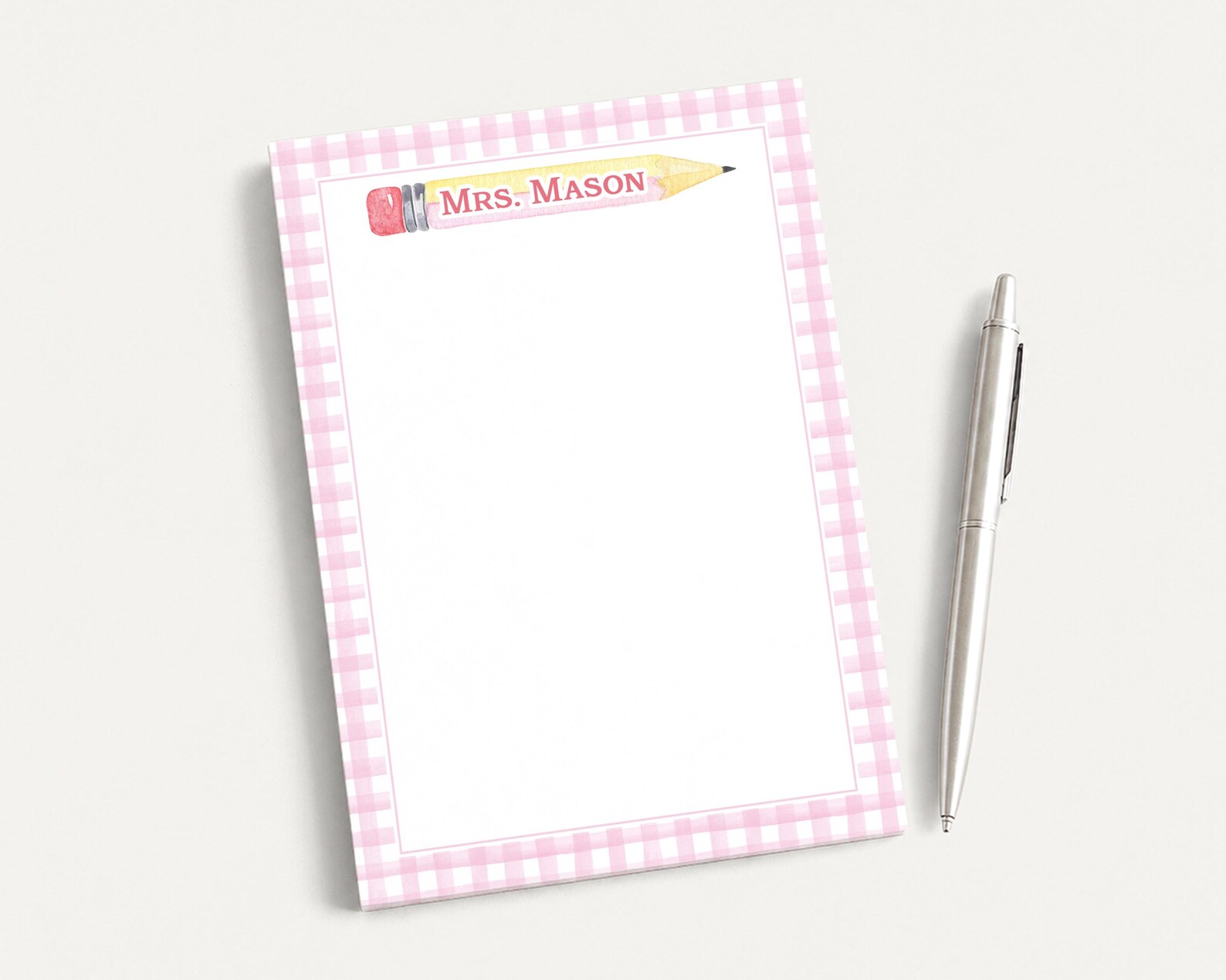 Personalized 5x7 Gingham Pencil Teacher Notepad, School Pink Notes - Etsy