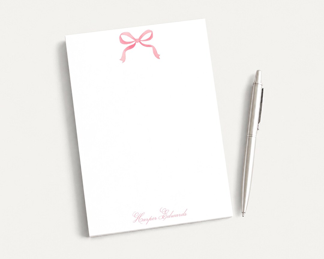 Personalized 5.5X5.5 or 5X7 Watercolor Pink Bow Notepad, Women Bow Note ...