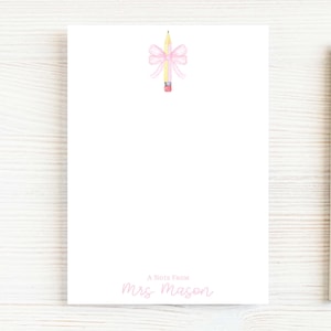 Personalized Teacher Notepad, School Pink Bow Pencil Notepad